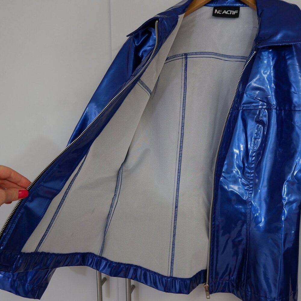 1990s Y2K Vinyl Look Shiny Slick Blue Polyurethane Jacket S Club - Picture 3 of 8